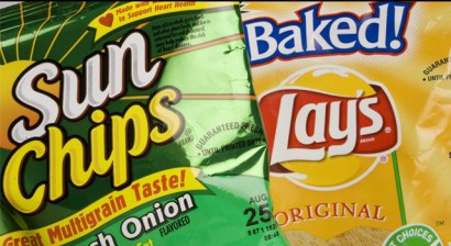 Packages of Sun Chips and Lays potato chips