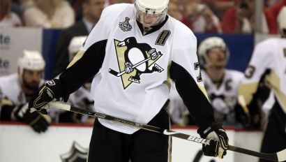 Pittsburgh Penguins center Evgeni Malkin, of Russia, skates during a stoppage in play in the final minutes of the third period during the Penguins' 5-0 loss to the Detroit Red Wings in Game 5 of the N