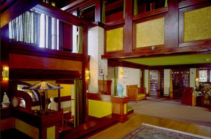 The landing entrance of the Dana-Thomas House, designed by Frank Lloyd Wright in 1902.  The historic site is one of many being closed due to budget cuts.