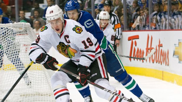Toews Tests Skates During Hawks Practice