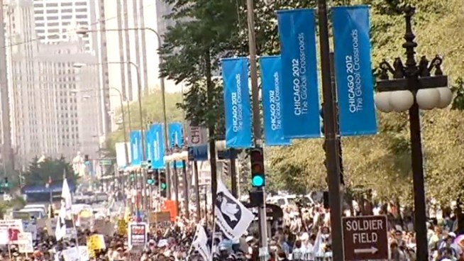 The summit's largest rally was an anti-war demonstration at the Petrillo Bandshell in Grant Park, where protesters battled 90 degree-plus heat to get their message out to anyone who would listen. Christian Farr reports.