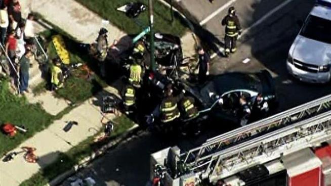 NBC Chicago's helicopter hovers above a crash on the city's northwest side that killed two people.