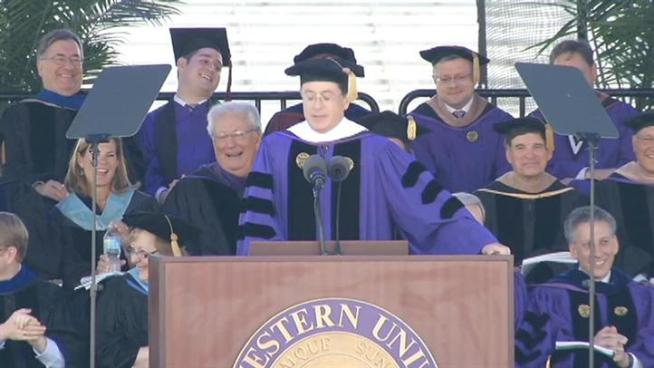 June 17, 2011: Speaking at Northwestern University's commencement, comedian and talk show host Stephen Colbert references the human sexuality class that made headlines this spring.