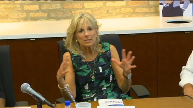 Dr. Jill Biden met with Cheryl Hyman, Chancellor of the City Colleges of Chicago and Jeff Silver, CEO of Coyote Logistics for a discussion about the CCC's College to Careers program.