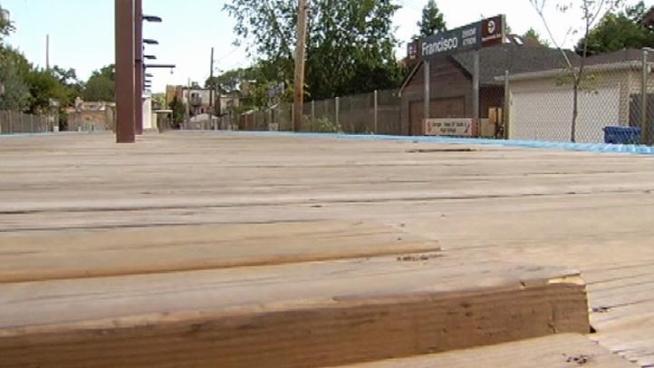 The wooden platforms showing signs of wear two years after a costly renovation.