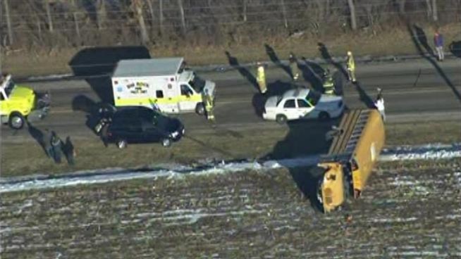 Nine students and a bus driver were transported to area hospitals Friday morning after the bus they were in crashed in Kane County.  The bus drove into a drainage ditch and wound up on its side at about 8:30 a.m. near the town of Big Rock on Granart Road near Camp Dean Road, police said.  The students, some from Krejci Academy in Naperville, which offers programs for children with special needs, were taken to Delnor Hospital in Geneva and Provena Mercy Medical Center in Aurora.  Luckily, all of the children were wearing seat belts and only suffered minor injuries.  Jeff Tragnitz said that the bus driver has repeatedly fallen asleep while driving, according to his daughter Aly Essury, who was a passenger on the bus during the crash.  