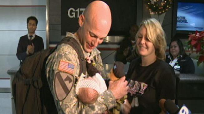 Army Sgt. Matt Vega arrived home Saturday from a third tour of duty and met his baby girl he'd never seen in person.