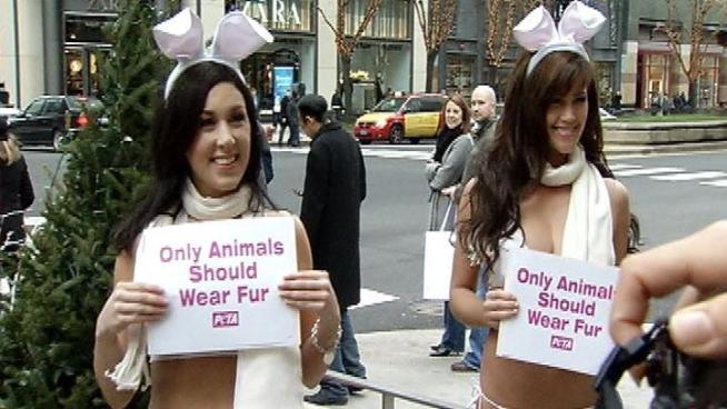 Former Playboy Playmate Crystal McCahill and PETA's Tracy Patton bare (mostly) all to protest the use of fur.