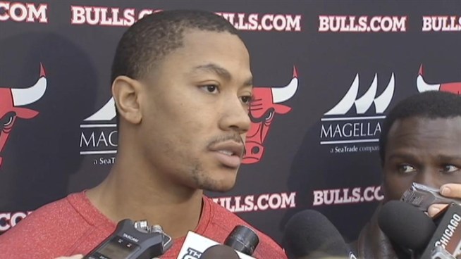Chicago Bulls star Derrick Rose talks to reporters after Tuesday's practice about his latest injury. 