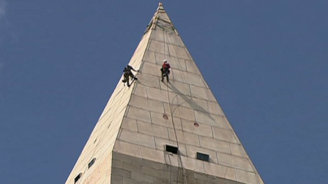 Sept. 28, 2011: Crews from Wiss, Janney, Elstner Associates Inc. are heading up the visual inspection of the earthquake-damaged Washington Monument. But despite the dizzying heights to which their work takes them, employees described the work as pretty routine.