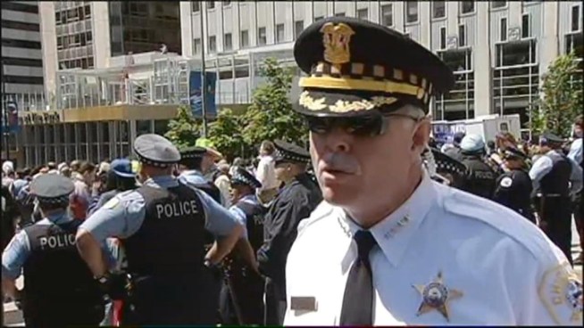 Chicago police Supt. Garry McCarthy speaks outside Prudential Plaza about the NATO protests his officers met this weekend.