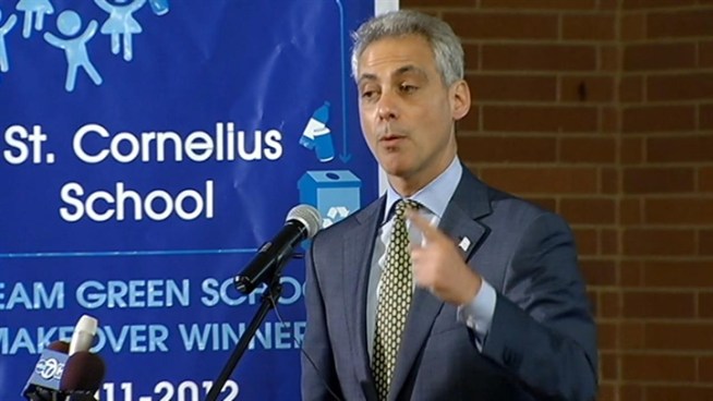 Mayor Rahm Emanuel congratulates St. Cornelius School students for winning the grand prize in PepsiCo's 