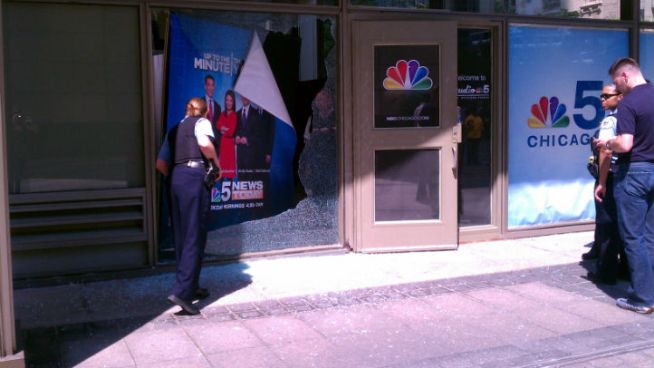 A window on the east side of NBC's Studio 5 building was shattered Saturday morning. Security guards on patrol at the time said they were there when they heard the sound of glass shattering.