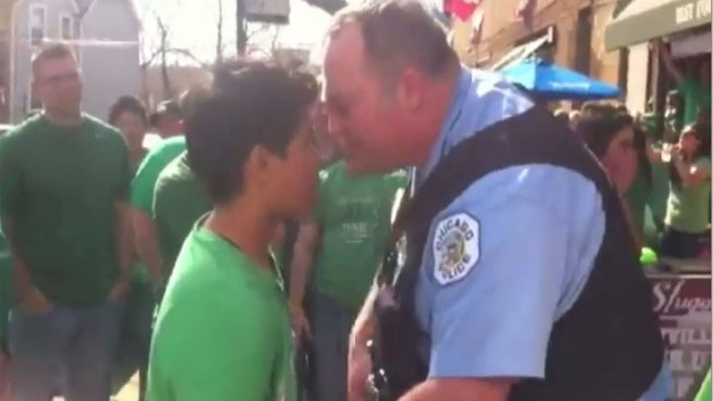 Two different cameras recorded an incident of a St. Patrick's Day reveler berating a Chicago officer in Wrigleyville. A female friend of the man tries to pull him away but he keeps talking and gesturing until the officer had enough.