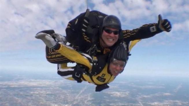 NBC Chicago's Zoraida Sambolin jumps out of a perfectly good airplane with Staff Sgt. Matt Acord, of the Army's Golden Knights parachute team, at the 2011 Chicago Air & Water Show.
