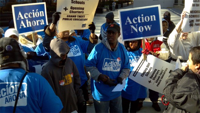 Protesters say schools are battling for resources, pitting struggling public schools against charter schools. Charlie Wojciechowski reports.