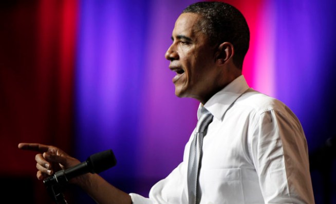 President Barack Obama addresses supporters during a combo birthday bash/campaign fundraiser at Uptown's Aragon Ballroom.