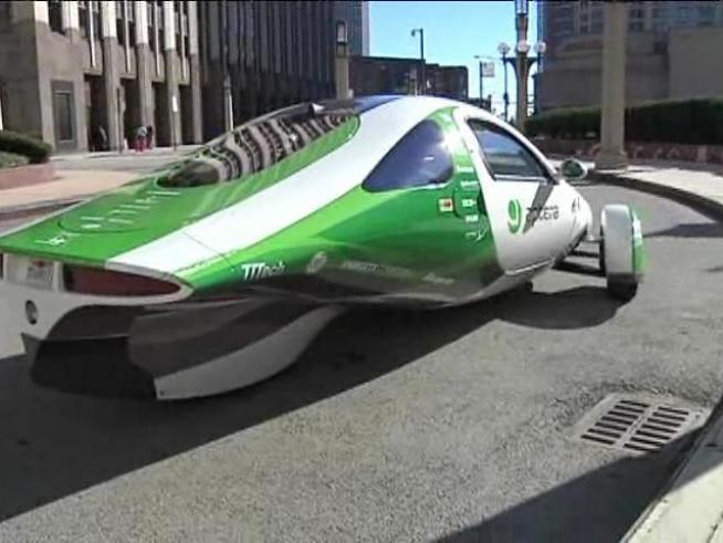 The Jetsons-inspired electric vehicle is designed for efficiency, getting the equivalent of almost 200 miles to the gallon.