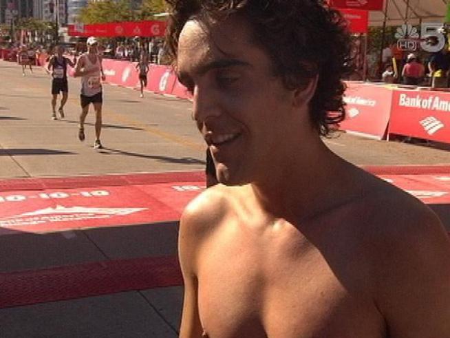 Julian Romero of Lafayette Ind., didn't forget his shoes.  He intended to run the Chicago Marathon barefoot.