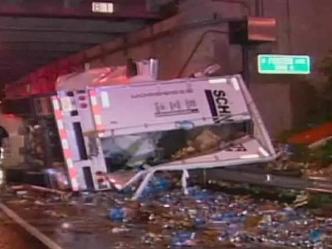 A semi trailer tipped over Monday.