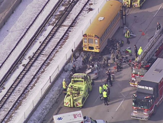 A car crashed into a school bus on the <a title=