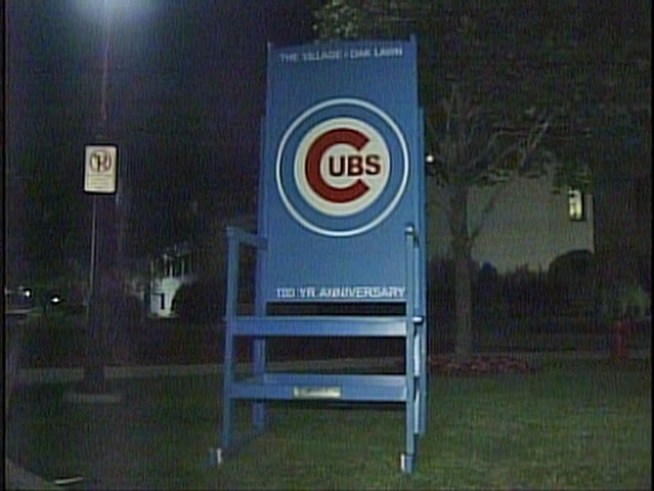 A 10-foot-tall Cubs-themed rocking chair that was on public display in the Village of Oak Lawn was destroyed last week.