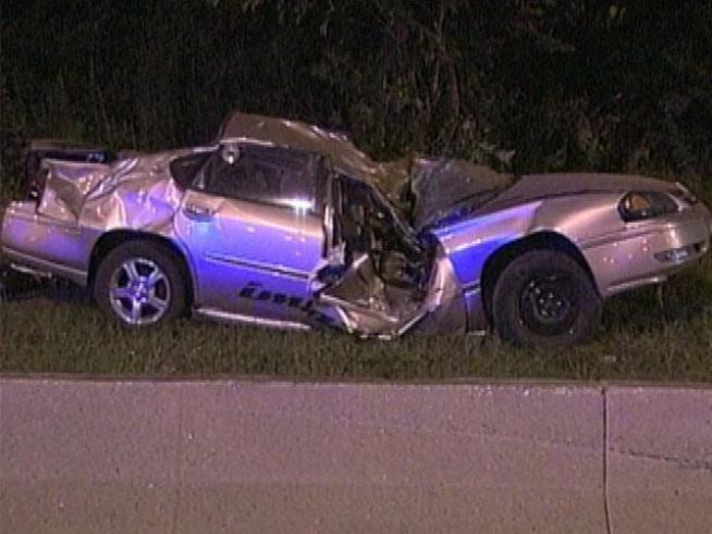 A car racing another on the Ike careens off the roadway, killing a man and seriously injuring another.