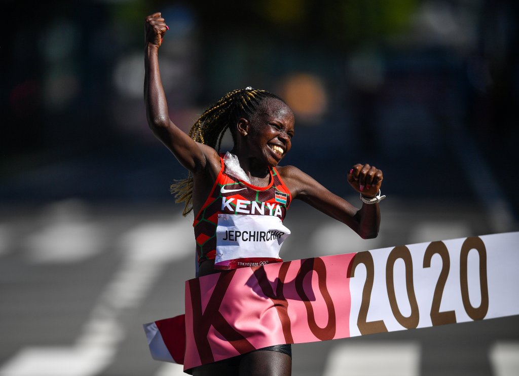 Peres Jepchirchir of Kenya crosses the finish line to win the Women's Marathon at Sapporo Odori Park on day 15 during the 2020 Tokyo Olympic Games in Sapporo, Japan.