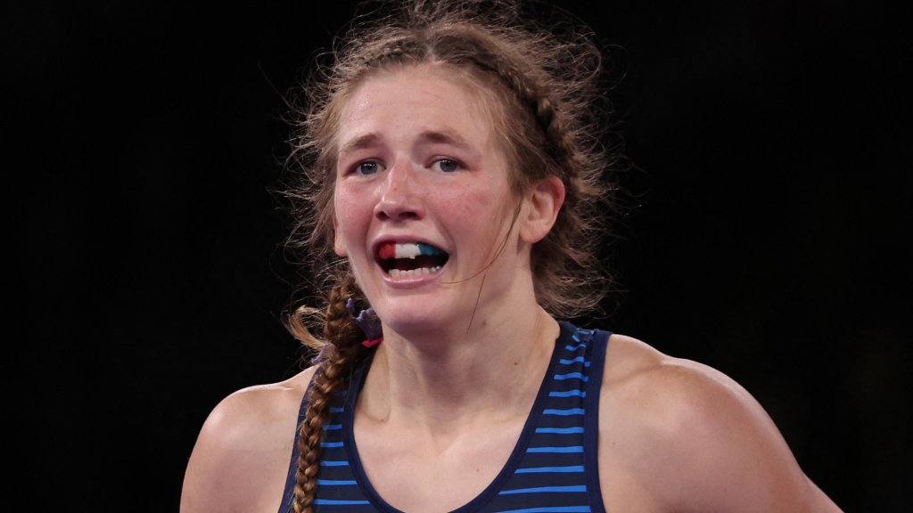 Team USA's Sarah Hildebrandt reacts after defeating Ukraine's Oksana Livach in their women's freestyle 50kg wrestling bronze medal match during the Tokyo Olympic Games at the Makuhari Messe in Tokyo on Aug. 7, 2021.