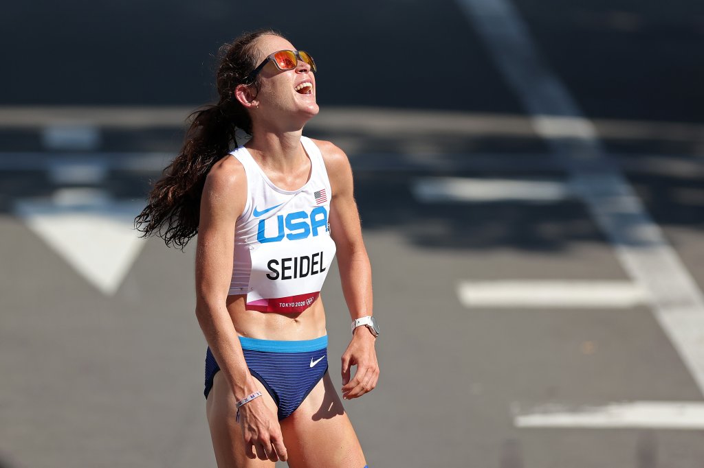 Molly Seidel of Team United States reacts after winning the bronze medal in the Women's Marathon Final on day 15 of the Tokyo 2020 Olympic Games at Kasumigaseki Country Club on Aug. 7, 2021, in Kawagoe, Japan.