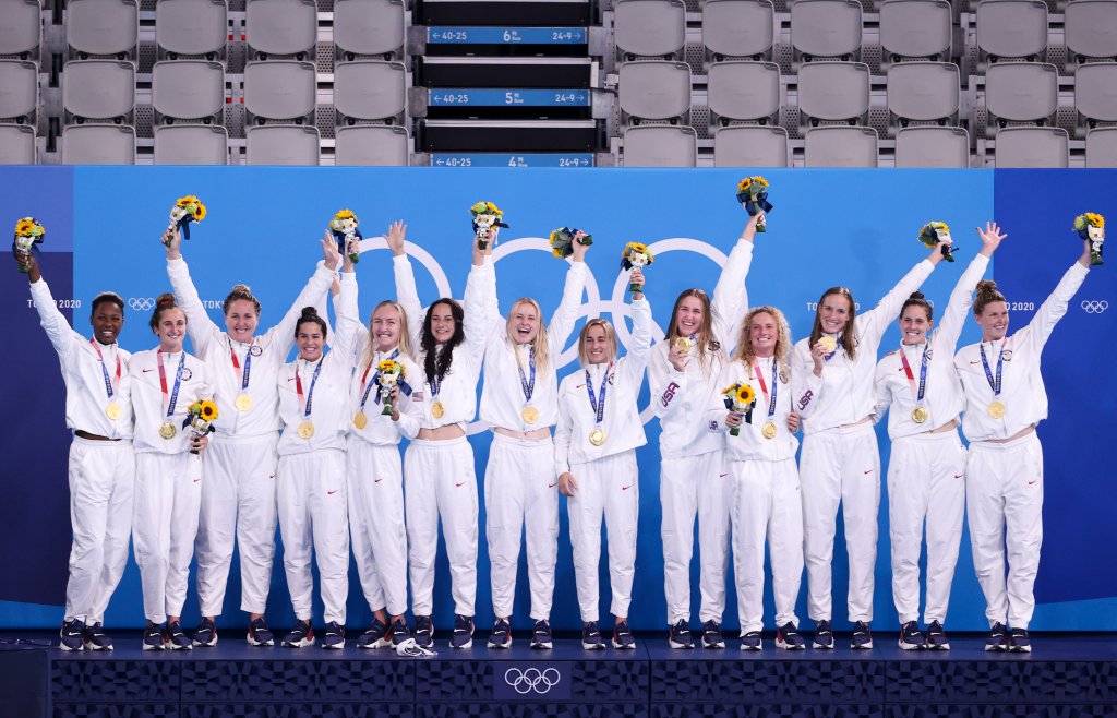 Team USA gold medalists pose on the podium after winning the Women's Gold Medal match between Spain and the United States on day fifteen of the Tokyo 2020 Olympic Games at Tatsumi Water Polo Centre on Aug. 7, 2021 in Tokyo, Japan.