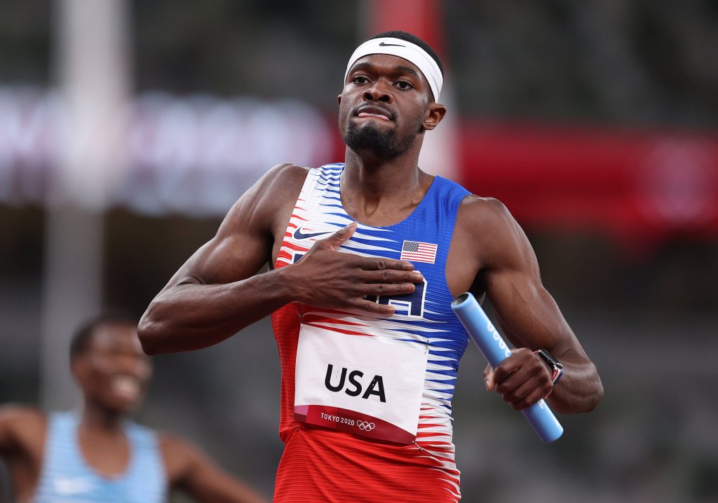 Rai Benjamin of Team United States celebrates winning the gold medal as he crosses the finish line in the Men's 4x400m Relay Final on day fifteen of the Tokyo 2020 Olympic Games at Olympic Stadium on Aug. 7, 2021 in Tokyo, Japan.