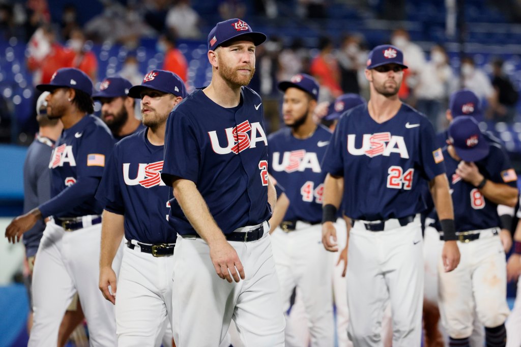 Players of Team Unites States show dejection after their 0-2 defeatduring the gold medal game between Team United States and Team Japan on day fifteen of the Tokyo 2020 Olympic Games at Yokohama Baseball Stadium on Aug. 7, 2021 in Yokohama, Kanagawa, Japan. 