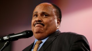 In this Aug. 17, 2014, file photo, Martin Luther King III speaks during an event for slain 18-year-old Michael Brown at the Greater Grace Church in Ferguson, Missouri.