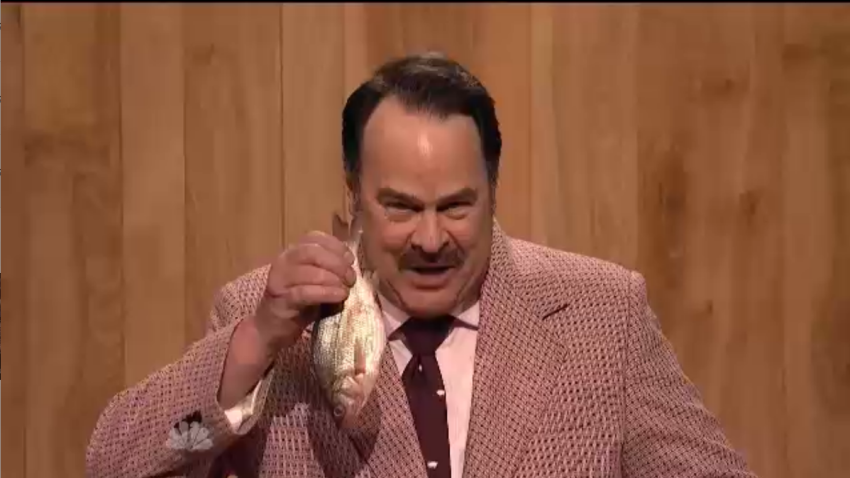 Dan Aykroyd appeared in the first new sketch of the night, playing a TV ad sales man showcasing the Bass-O-Matic, reprising a sketch the first aired in 1976.