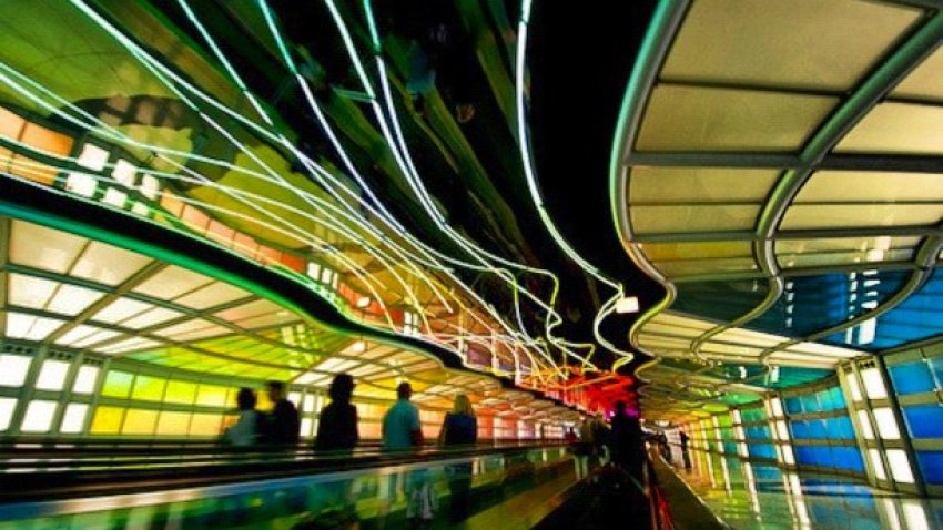 [chicagogram] #neon #walkway at #ohare | #colorful #lights #airport #travel #home #chicagogram #chigram #chitown #igerschicago #instagram312 #cityporn #chitecture #chicago #colors #instacolor #colorgram