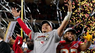 Kansas City Chiefs' Patrick Mahomes, left, and Tyrann Mathieu celebrate after defeating the San Francisco 49ers in the NFL Super Bowl 54 football game Sunday, Feb. 2, 2020, in Miami Gardens, Florida.