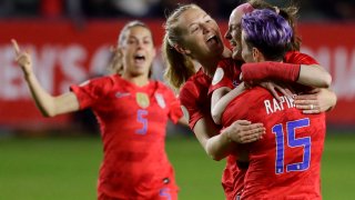 U.S. players celebrate after a goal by midfielder Rose Lavelle, second from right, during the first half of a CONCACAF women’s Olympic qualifying soccer match against Mexico on Friday, Feb. 7, 2020, in Carson, California.