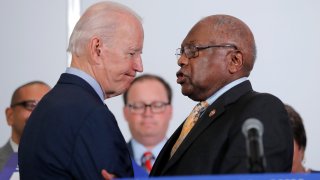 House Majority Whip, Rep. Jim Clyburn, D-S.C., greets Democratic presidential candidate and former Vice President Joe Biden, as he endorses him in North Charleston, S.C., Wednesday, Feb. 26, 2020. (AP Photo/Gerald Herbert)