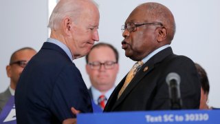 House Majority Whip, Rep. Jim Clyburn, D-S.C., greets Democratic presidential candidate and former Vice President Joe Biden, as he endorses him in North Charleston, S.C., Wednesday, Feb. 26, 2020. (AP Photo/Gerald Herbert)