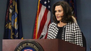 In this April 20, 2020, file photo, provided by the Michigan Office of the Governor, Michigan Gov. Gretchen Whitmer addresses the state in Lansing, Michigan.