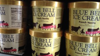 In this April 10, 2015, file photo, Blue Bell ice cream rests on a grocery store shelf in Lawrence, Kan. Blue Bell Creameries agreed to pay more than $19 million in fines and forfeiture on May 1, 2020, as part of a plea agreement on two misdemeanor counts for shipping contaminated ice cream, according to the U.S. Department of Justice.