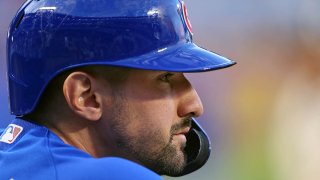 Nicholas Castellanos looks on from the dugout during a Cubs game against the New York Mets