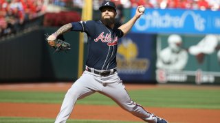 Dallas Keuchel #60 of the Atlanta Braves delivers the pitch against the St. Louis Cardinals during the first inning in game four of the National League Division Series at Busch Stadium on October 07, 2019 in St Louis, Missouri.