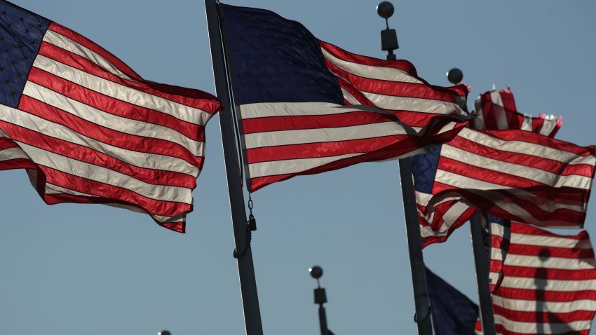 WASHINGTON, DC – JUNE 14:  U.S. flags fly near the Washington Monument on Flag Day June 14, 2019 in Washington, DC. The nation observes the Flag Day that commemorates the adoption of the U.S. flag on this day in 1777 by resolution of the Second Continental Congress.
 (Photo by Alex Wong/Getty Images)
