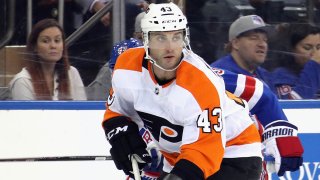 NEW YORK, NEW YORK – SEPTEMBER 19: T.J. Brennan #43 of the Philadelphia Flyers skates against the New York Rangers at Madison Square Garden on September 19, 2018 in New York City. The Flyers defeated the Rangers 6-4. (Photo by Bruce Bennett/Getty Images)