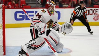 DETROIT, MI – SEPTEMBER 20: Kevin Lankinen #34 of the Chicago Blackhawks skates while playing the Detroit Red Wings during a pre season game at Little Caesars Arena on September 20, 2018 in Detroit, Michigan. (Photo by Gregory Shamus/Getty Images)