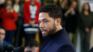 Actor Jussie Smollett speaks with members of the media after his court appearance at Leighton Courthouse on March 26, 2019 in Chicago, Illinois.