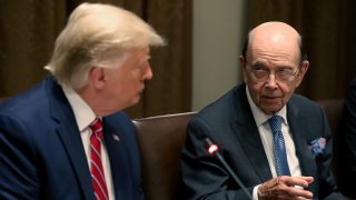 President Donald Trump listens to Commerce Secretary Wilbur Ross speak at the White House on June 12, 2019, in Washington, DC.