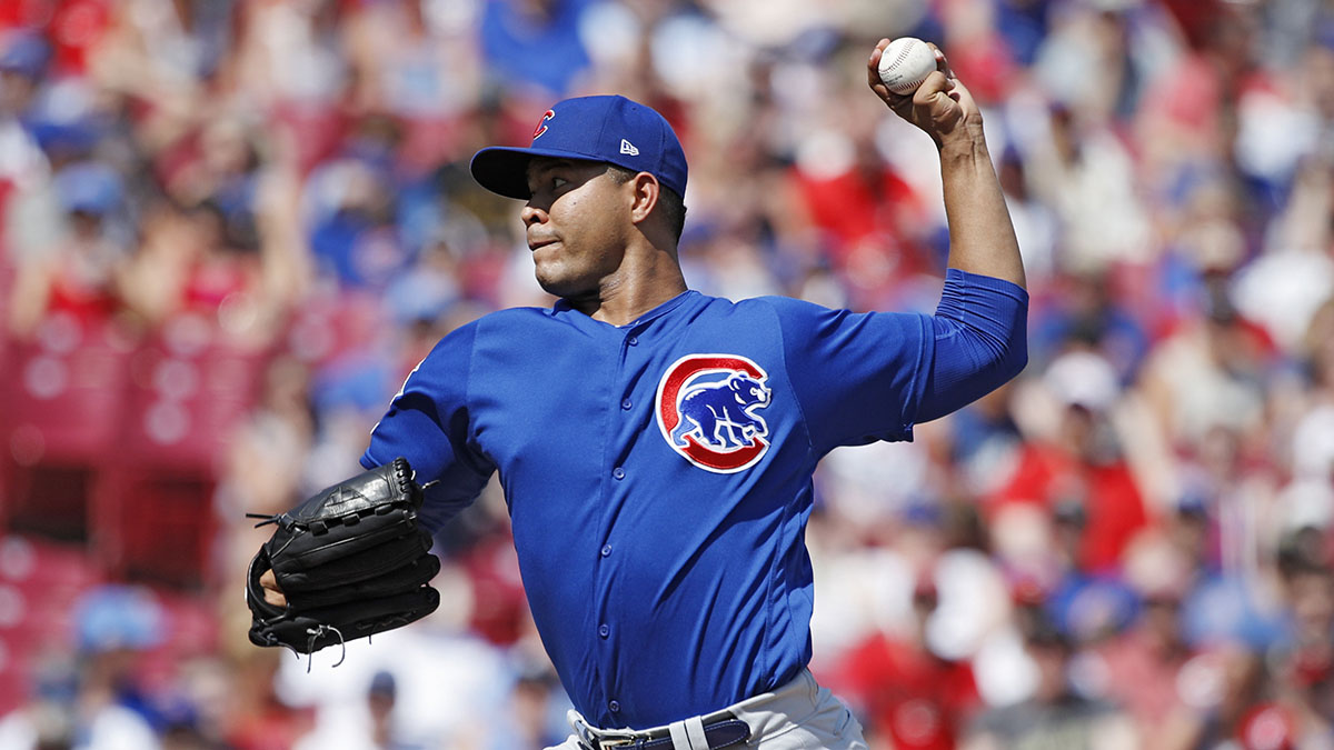 Starting pitcher Adbert Alzolay of the Chicago Cubs pitches against News  Photo - Getty Images